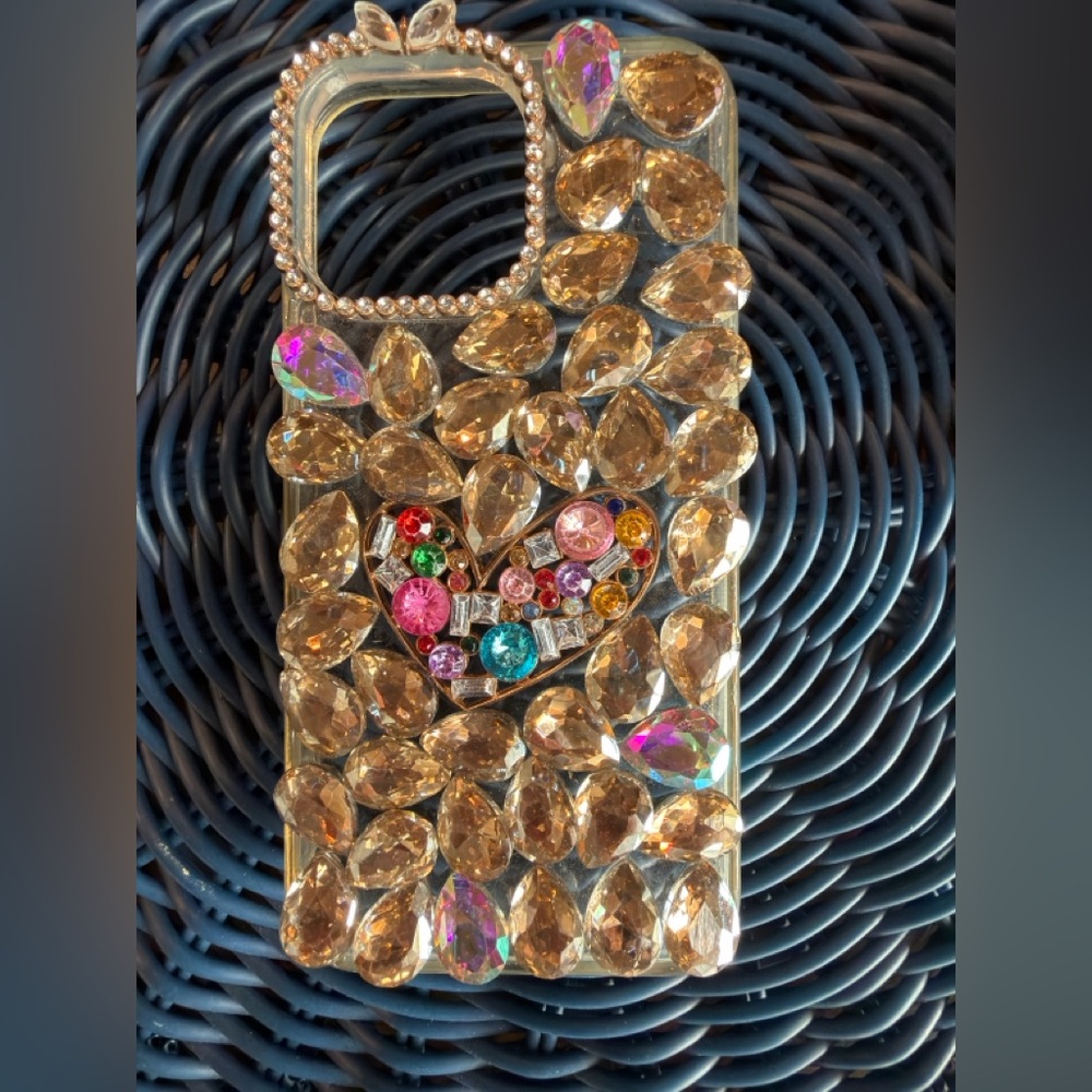 Gold Rhinestone Embellished Phone Case with Multicolor Gems
